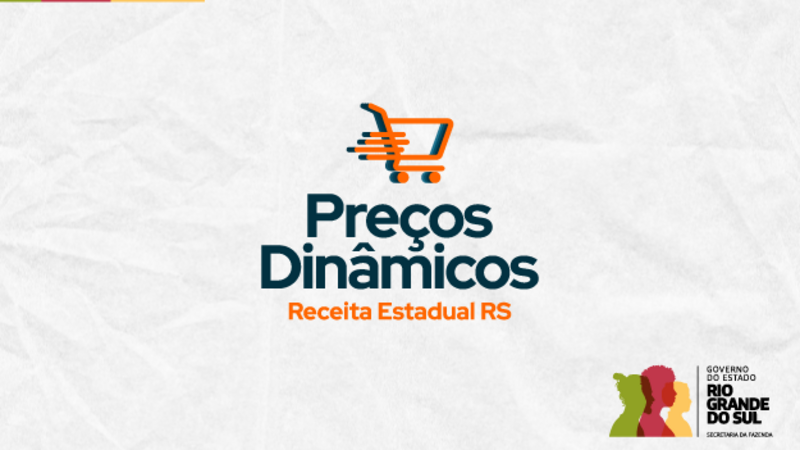 A imagem apresenta o logotipo do projeto &ldquo;Pre&ccedil;os Din&acirc;micos&rdquo; da Receita Estadual do Rio Grande do Sul. No centro, h&aacute; um &iacute;cone de carrinho de compras estilizado em laranja, com linhas que sugerem movimento para a direita. Abaixo do &iacute;cone, est&aacute; o texto &ldquo;Pre&ccedil;os Din&acirc;micos&rdquo; em letras grandes e azul-escuras, seguido de &ldquo;Receita Estadual RS&rdquo; em laranja. No canto inferior direito, aparece a marca do Governo do Estado do Rio Grande do Sul, com tr&ecirc;s perfis humanos coloridos (verde, vermelho e amarelo) e o texto &ldquo;Governo do Estado do Rio Grande do Sul &ndash; Secretaria da Fazenda&rdquo;. O fundo &eacute; branco com textura leve que lembra papel amassado.