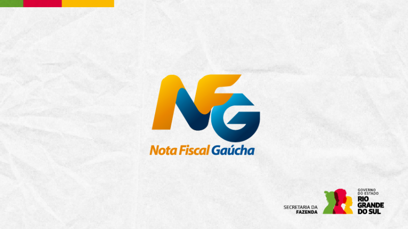 Sobre um fundo cinza, semelhante a um papel amassado, est&aacute; o logotipo do NFG, bem no centro, nas cores azul e laranja. Abaixo, est&aacute; escrito Nota Fiscal Ga&uacute;cha, nas mesmas cores. No canto inferior direito, est&aacute; o s&iacute;mbolo do Governo do Estado do Rio Grande do Sul, ao lado da inscri&ccedil;&atilde;o Secretaria da Fazenda. No canto superior esquerdo, h&aacute; uma barra horizontal com as cores do governo do Estado: verde, vermelho e amarelo. 
