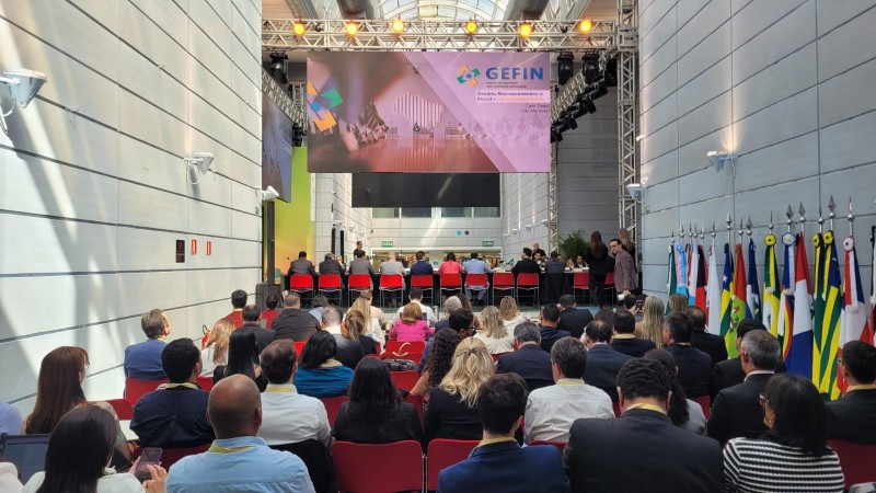 P&uacute;blico de costas olha para um tel&atilde;o em que est&aacute; escrito Gefin. &Agrave; direita, est&atilde;o bandeiras dos estados do Brasil.
