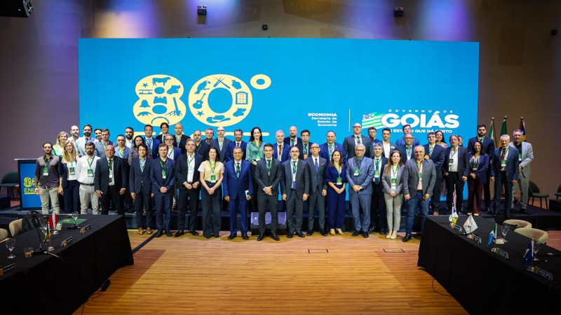 Uma grande foto de grupo mostra cerca de 50 pessoas posicionadas lado a lado em um audit&oacute;rio. Todas est&atilde;o vestidas de forma formal ou semiformal, com trajes como ternos, camisas sociais, blazers e crach&aacute;s de identifica&ccedil;&atilde;o. Ao fundo, h&aacute; um painel digital azul ocupando toda a largura da imagem, exibindo o n&uacute;mero &ldquo;308&deg;&rdquo; com &iacute;cones gr&aacute;ficos e, &agrave; direita, o logotipo do Governo de Goi&aacute;s. &Agrave; frente do grupo h&aacute; um piso de madeira, e nas laterais da imagem aparecem mesas pretas com microfones e materiais de reuni&atilde;o. O ambiente &eacute; bem iluminado e tem clima institucional, indicando um encontro oficial, f&oacute;rum ou confer&ecirc;ncia.