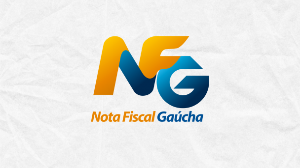 Na tela, o bras&atilde;o do Nota Fiscal Ga&uacute;cha. Ele &eacute; composto pelas letras NFG grudadas umas &agrave;s outras, sendo parte laranja e parte azul. Abaixo, est&aacute; escrito Nota Fiscal, em laranja, e Ga&uacute;cha, em azul. 